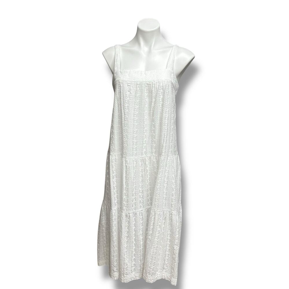 White Tiered Midi Dress Cotton Label of Love Cottage Fairy Square Neckline Sz M